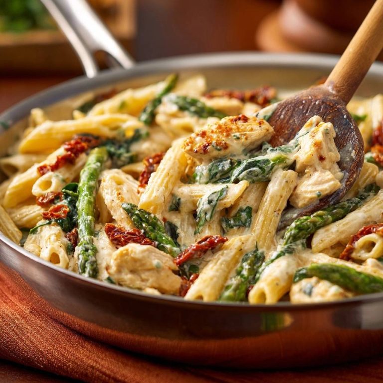 Cremige Penne mit Hähnchen und Spargel in einer Nahaufnahme, serviert in einer Pfanne mit einer Holzschöpfkelle. Das Gericht ist üppig und verlockend.