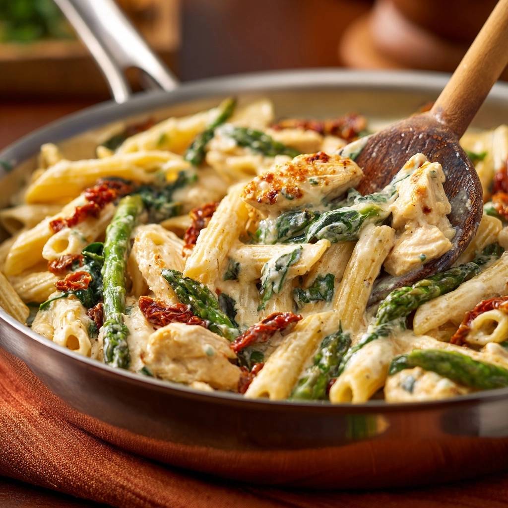 Cremige Penne mit Hähnchen und Spargel in einer Nahaufnahme, serviert in einer Pfanne mit einer Holzschöpfkelle. Das Gericht ist üppig und verlockend.