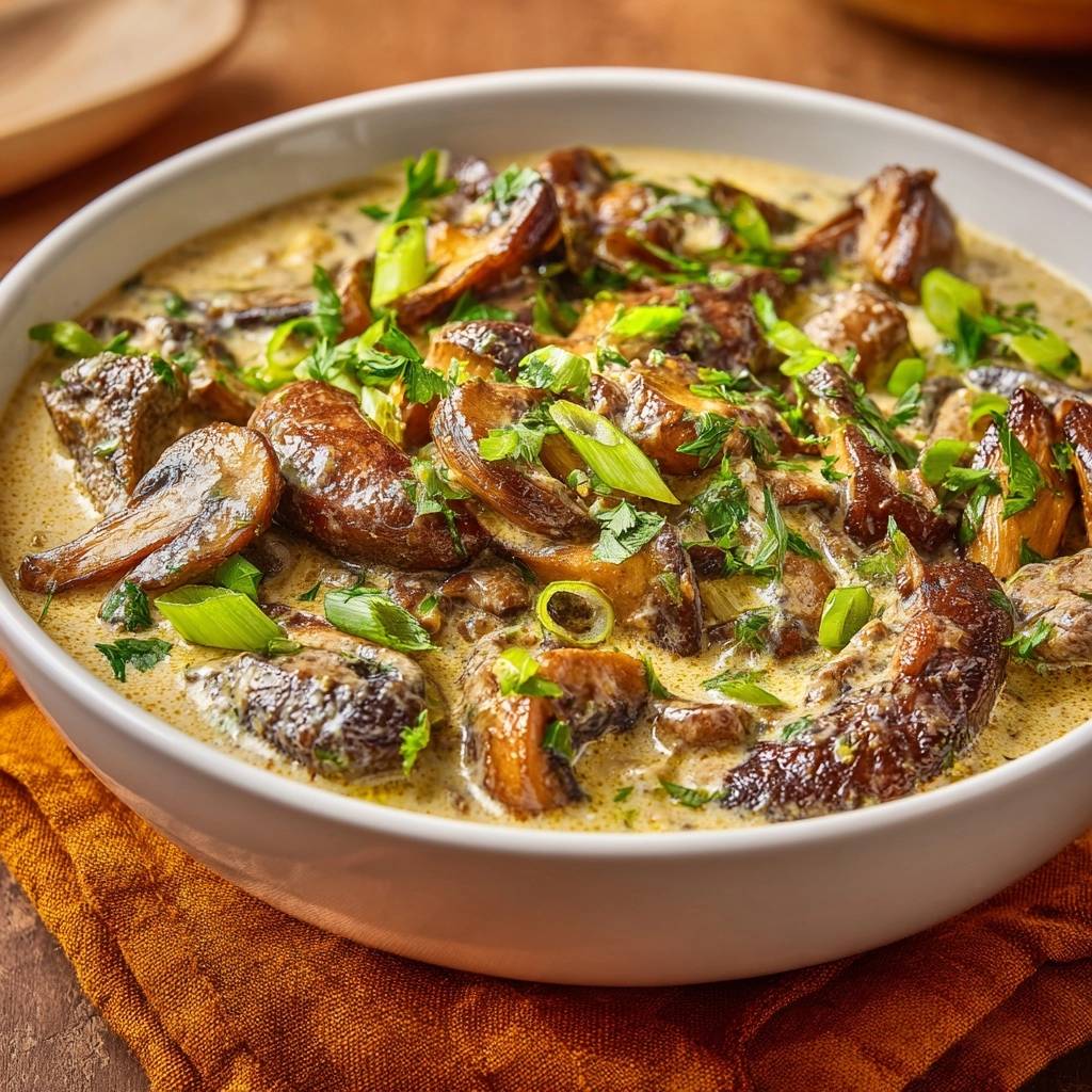 Cremige Pilzso E Nahaufnahme Serviert 1 Cremige Pilzsoße, serviert in einer Schüssel, mit frischen Kräutern garniert und mit cremiger Sauce bedeckt.