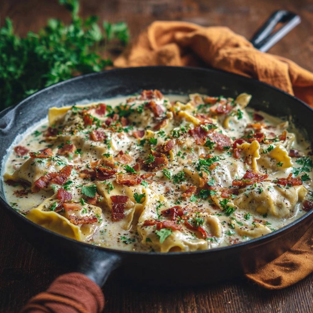 Cremige Ravioli mit knusprigen Pilzen, serviert in einer gusseisernen Pfanne, garniert mit frischer Petersilie und knusprigem Speck.