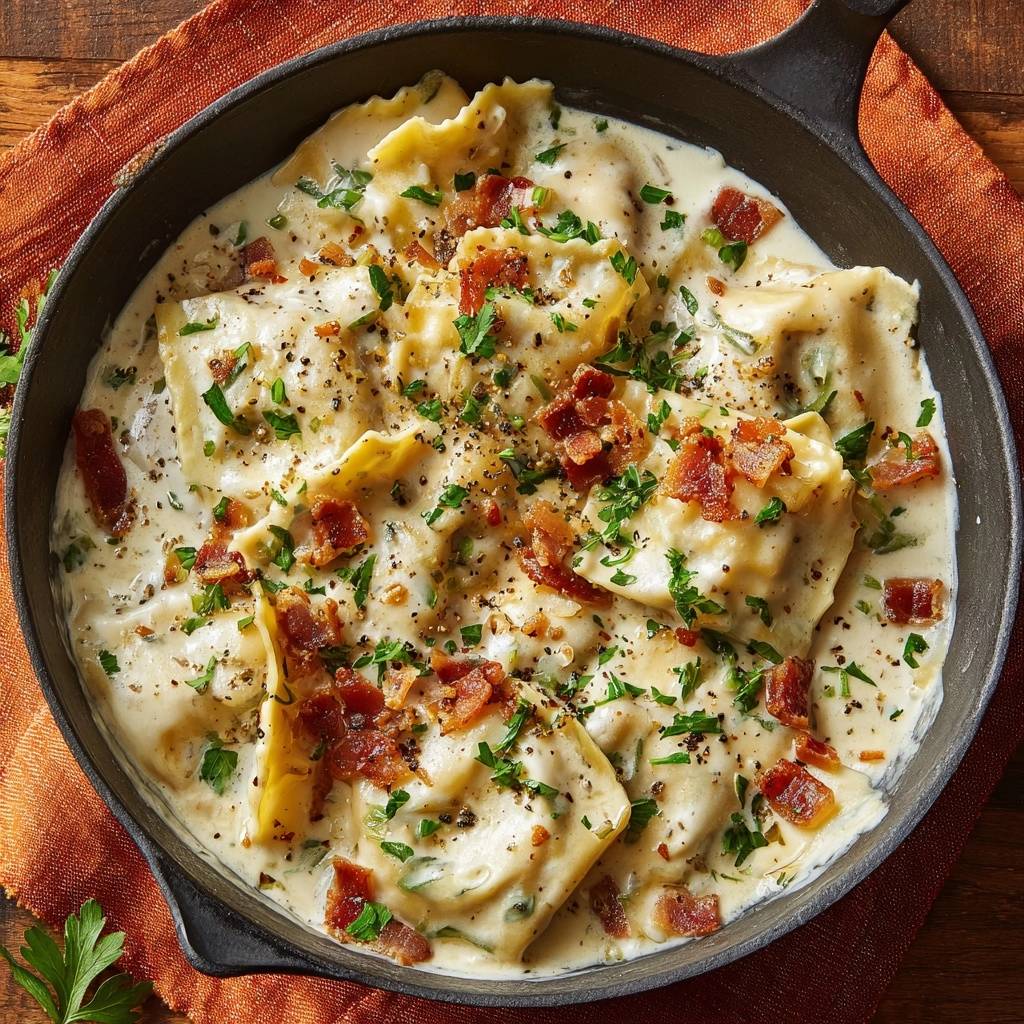 Cremige Ravioli mit knusprigen Pilzen, serviert in einer gusseisernen Pfanne, garniert mit knusprigem Speck und frischer Petersilie.