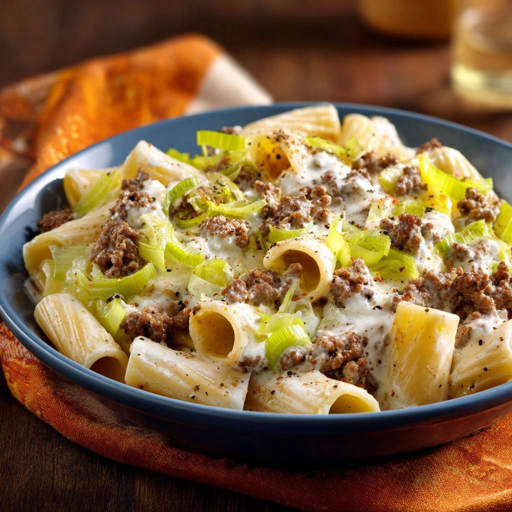 Cremige Rigatoni Mit Hackfleisch Und Lauch Draufsicht 1 Cremige Rigatoni mit Hackfleisch und Lauch, aus der Vogelperspektive gesehen, präsentiert mit cremiger Sauce, Hackfleisch und frischem Lauch.