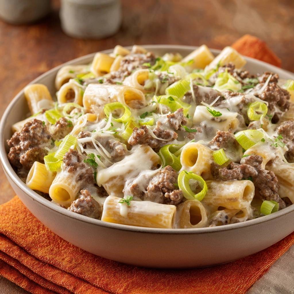 Cremige Rigatoni mit Lauch-Hack-Soße in einer Nahaufnahme, die die cremige Soße und die frischen Zutaten zeigt.