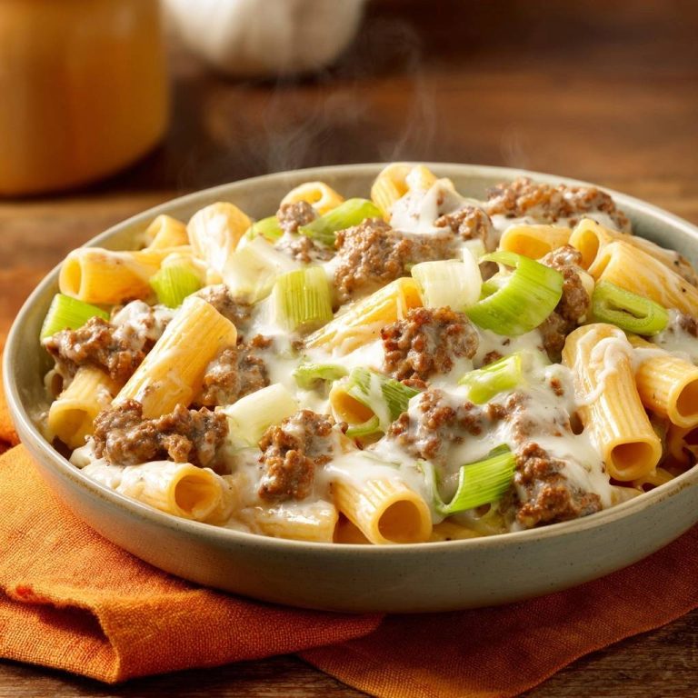 Cremige Rigatoni mit Lauch-Hack-Soße in einer Nahaufnahme, serviert in einer rustikalen Schüssel, mit dampfendem Effekt.