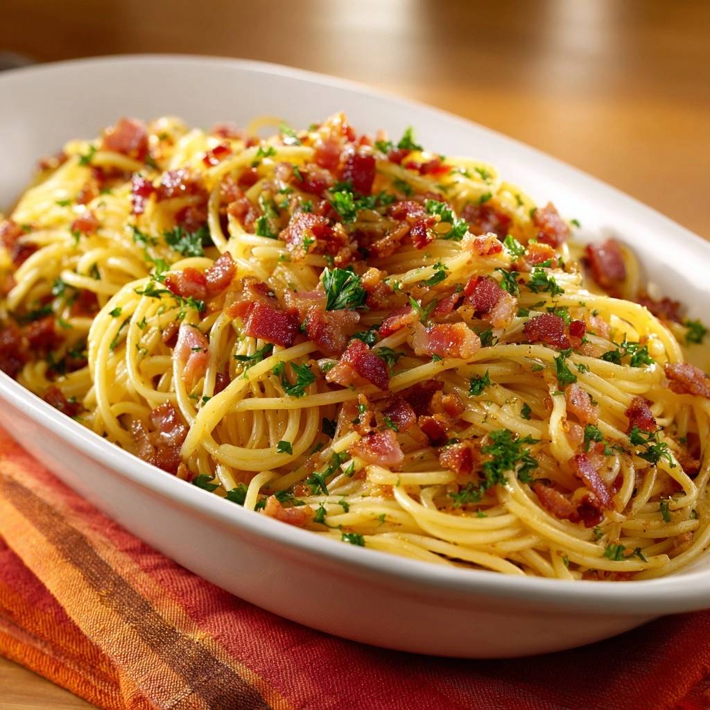 Cremige Spaghetti Carbonara in einer weißen Schüssel von oben gesehen, mit knusprigem Speck und frischer Petersilie garniert.