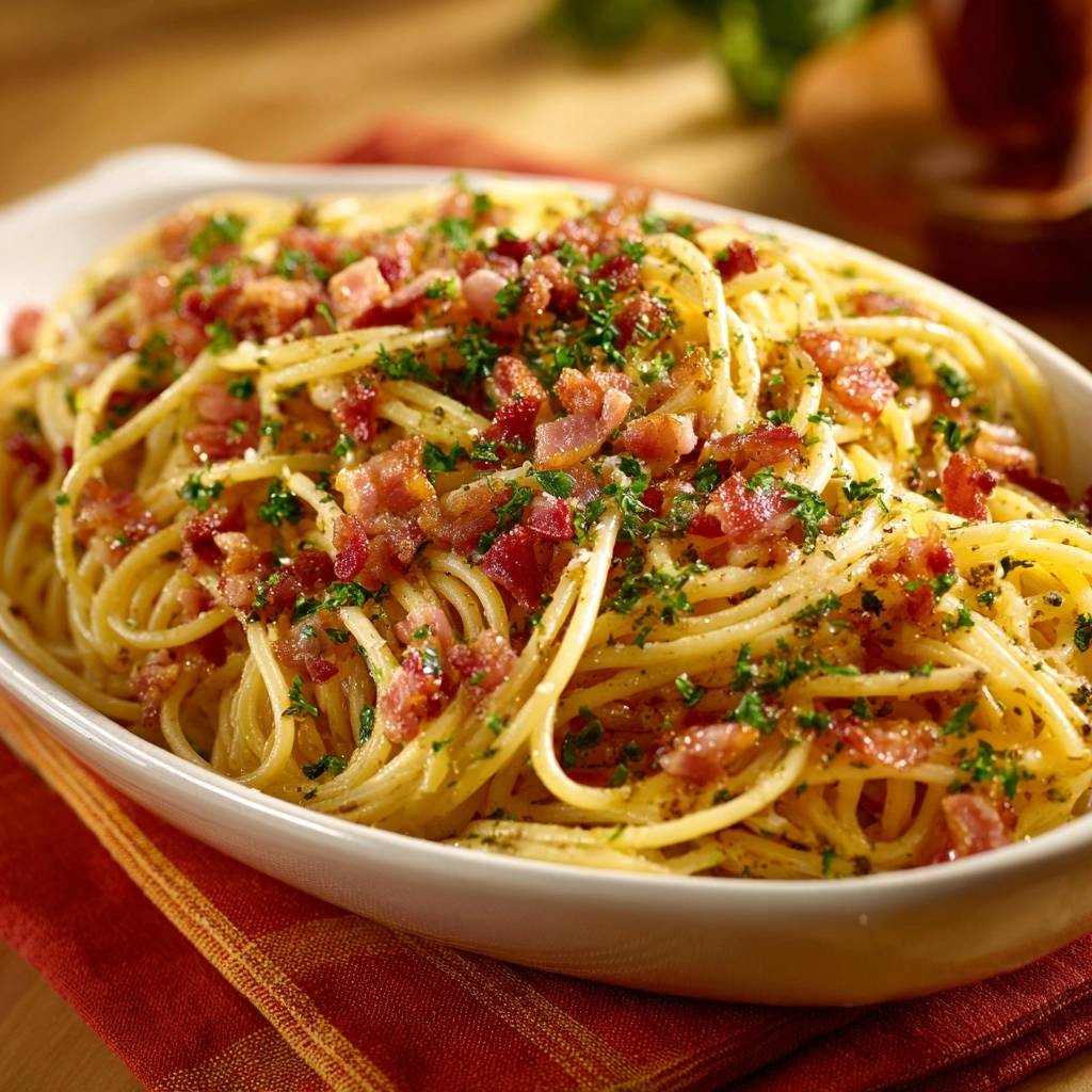 Cremige Spaghetti Carbonara Draufsicht Serviert 1 Cremige Spaghetti Carbonara, serviert in einer weißen Auflaufform, garniert mit knusprigem Speck und frischer Petersilie. Der köstliche Pastateller ist von oben fotografiert.