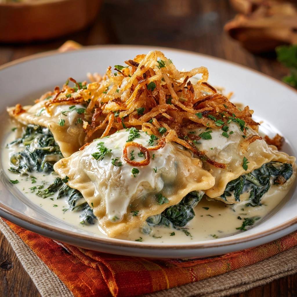 Cremige Spinat-Ravioli mit knusprigen Zwiebeln in einer Draufsicht, garniert mit frischen Kräutern und knusprigen Zwiebeln.