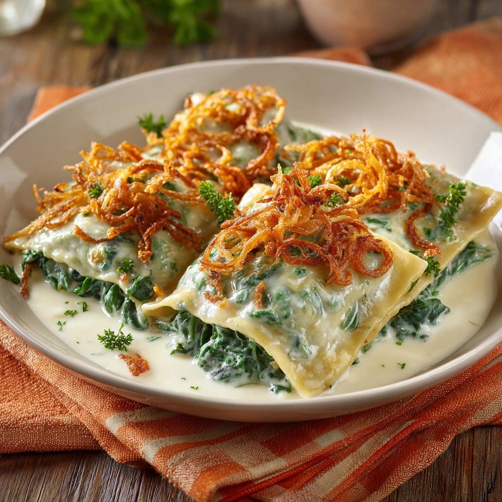 Cremige Spinat Ravioli Mit Knusprigen Zwiebeln Serviert 1 Cremige Spinat-Ravioli mit knusprigen Zwiebeln serviert auf einem Teller. Die leckere Pasta ist mit cremiger Sauce und knusprigen Zwiebeln garniert.