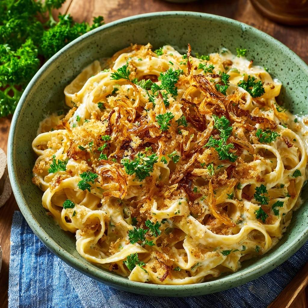 Cremige Tagliatelle Mit Knusprigem Knoblauch Draufsicht Serv 1 Cremige Tagliatelle mit knusprigem Knoblauch in einer grünen Schüssel, serviert und mit frischer Petersilie und knusprigen Zwiebeln garniert.