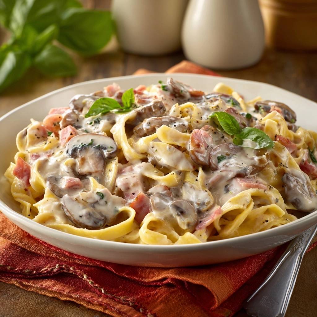 Cremige Tagliatelle mit Pilzen und Schinken, serviert in einer weißen Schüssel, garniert mit frischen Basilikumblättern. Das cremige Gericht ist fertig zum Servieren.