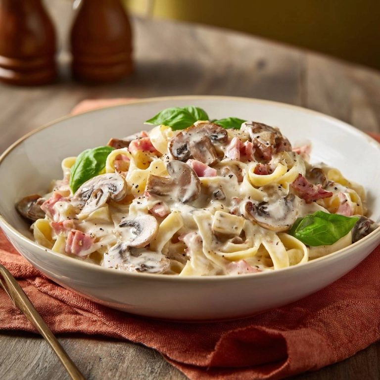 Cremige Tagliatelle mit Pilzen und Schinken, frisch serviert in einer eleganten Schüssel, garniert mit frischem Basilikum.