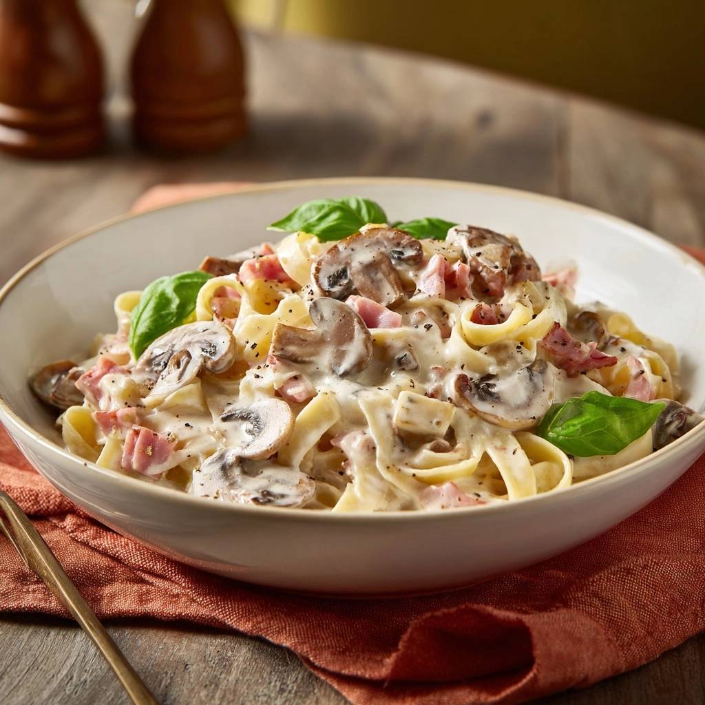 Cremige Tagliatelle mit Pilzen und Schinken, frisch serviert in einer eleganten Schüssel, garniert mit frischem Basilikum.