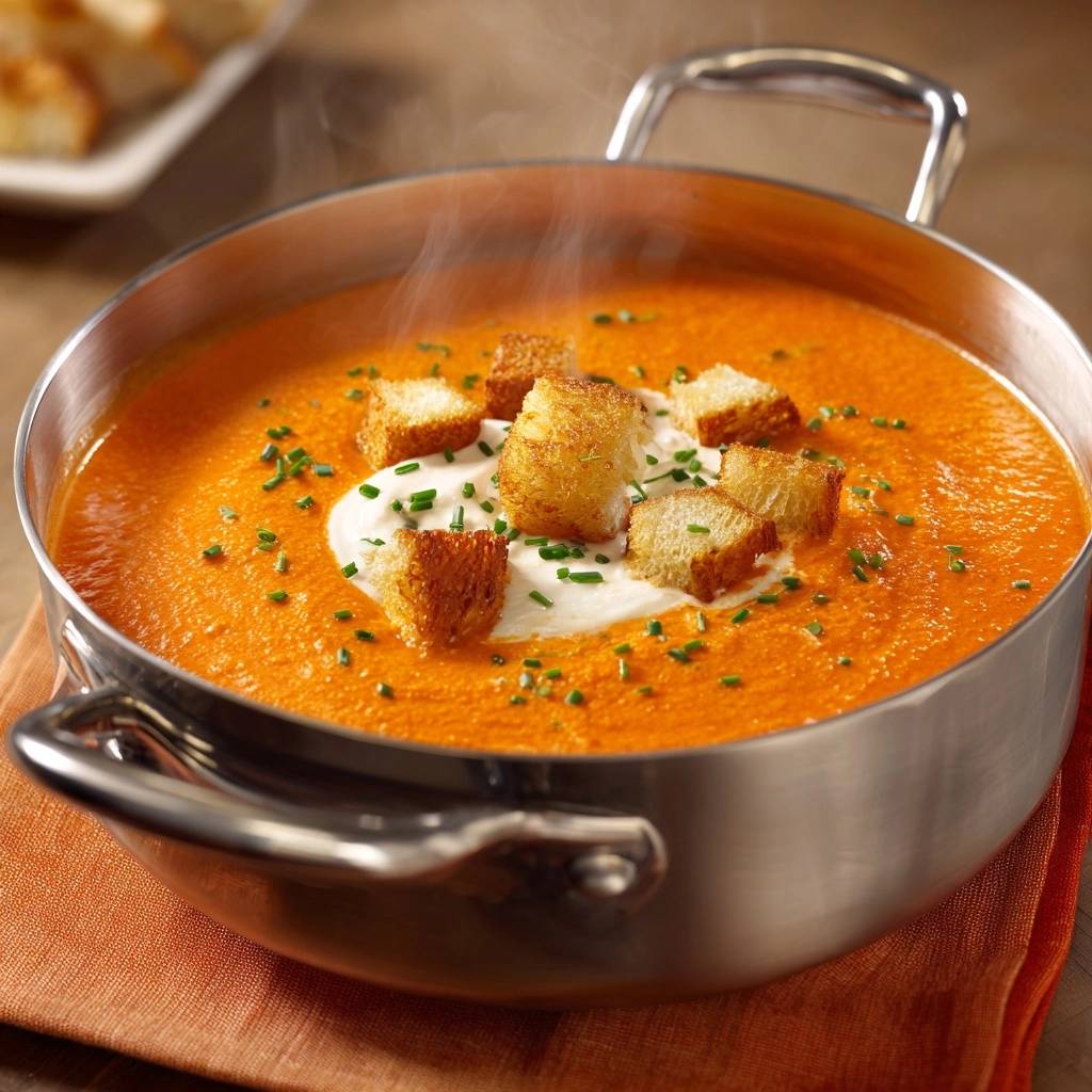 Cremige Tomaten Paprika Suppe Mit Creme Und Croutons 1 Cremige Tomaten-Paprika-Suppe, serviert in einer polierten Schüssel, garniert mit Croutons, frischen Kräutern und einem Klecks Sahne.