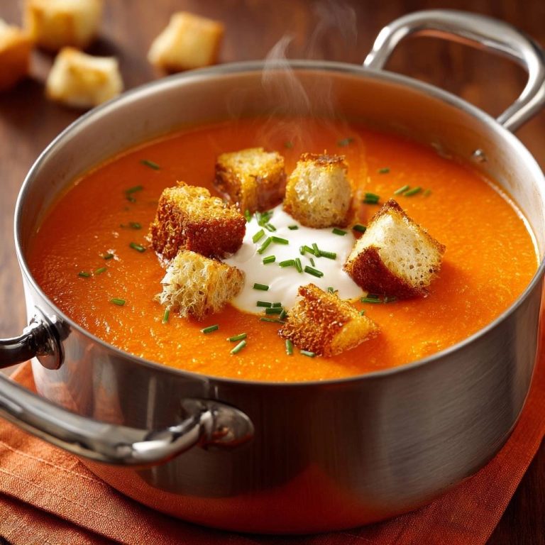 Cremige Tomaten-Paprika-Suppe mit frischen Croutons, serviert in einem Topf, garniert mit Sauerrahm und frischen Kräutern, von oben gesehen.