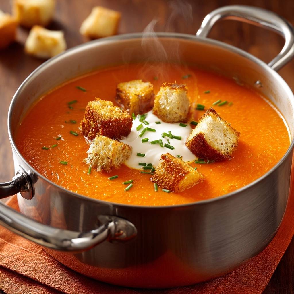 Cremige Tomaten-Paprika-Suppe mit frischen Croutons, serviert in einem Topf, garniert mit Sauerrahm und frischen Kräutern, von oben gesehen.