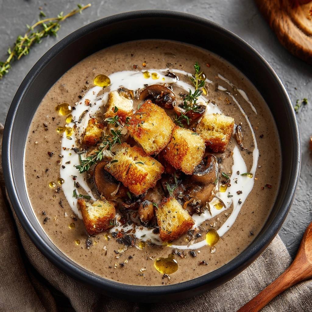 Cremige Waldpilzsuppe in einer Schüssel, garniert mit Croûtons, Crème fraîche und frischen Kräutern, serviert von oben.