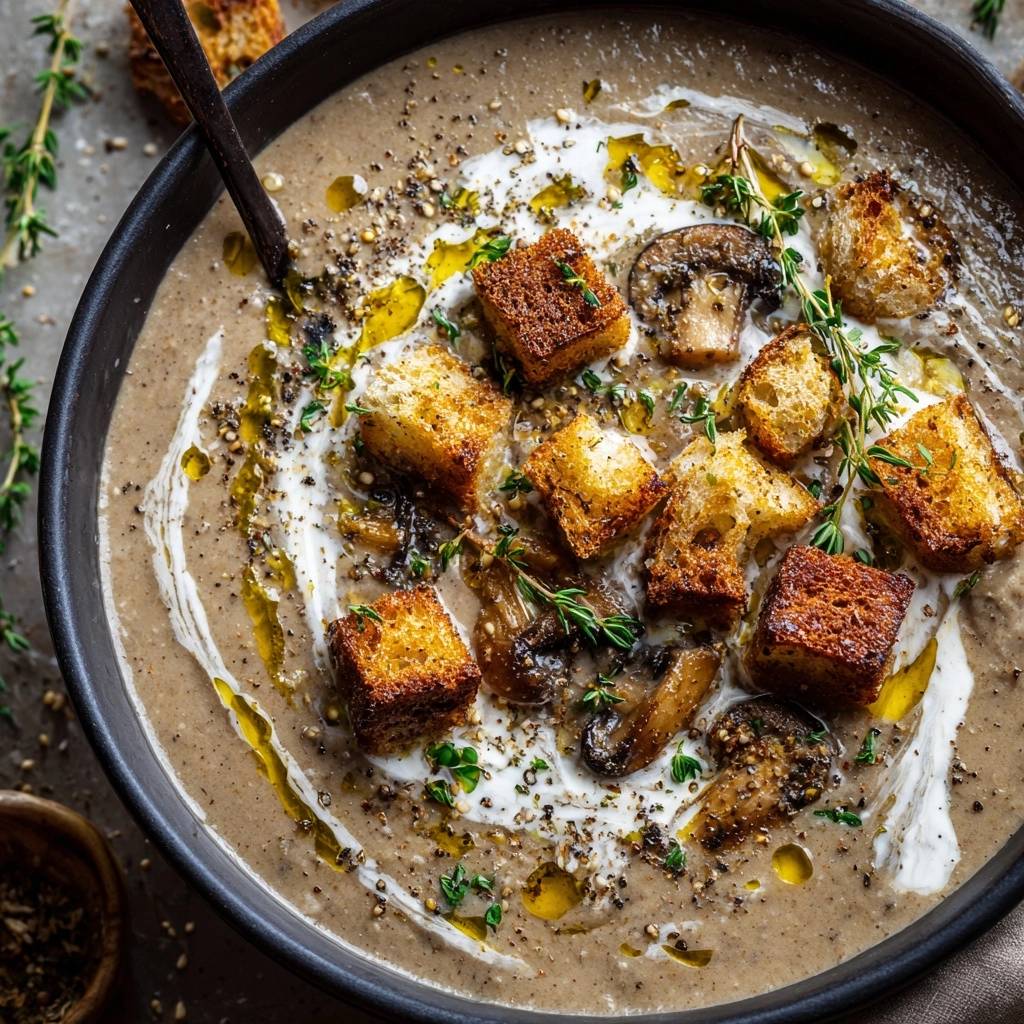 Cremige Waldpilzsuppe in einer Schüssel, serviert mit knusprigen Croutons und frischen Kräutern von oben betrachtet.