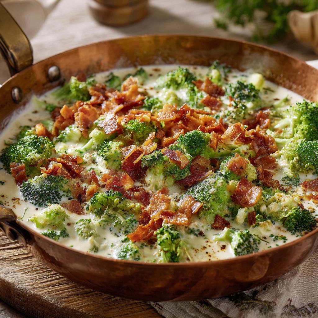Cremiger Brokkoli mit knusprigem Speck in einer kupferfarbenen Pfanne, von oben fotografiert, mit knusprigen Speckstückchen.