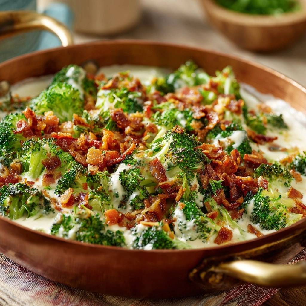Cremiger Brokkoli mit knusprigem Speck, serviert in einer Pfanne, mit knusprigem Speck und cremiger Sauce, von oben fotografiert.