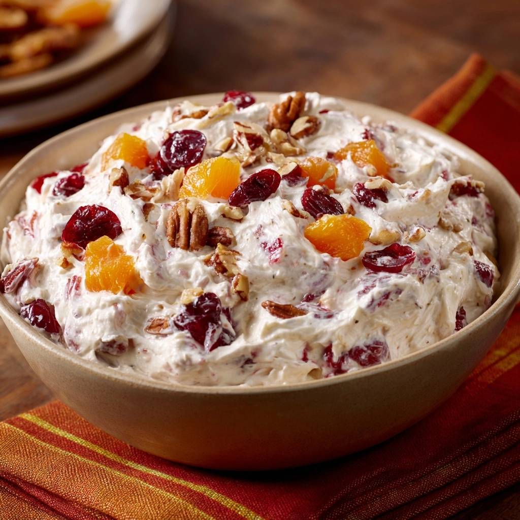 Cremiger Cranberry-Aprikosen-Walnuss-Dip in einer Nahaufnahme, die die cremige Textur mit Cranberries, Aprikosen und Walnüssen zeigt.