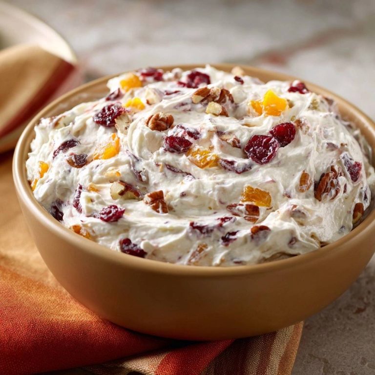 Cremiger Cranberry-Aprikosen-Walnuss-Dip in einer Nahaufnahme, die die cremige Textur und die frischen Zutaten zeigt. Der Dip ist mit Cranberries, Aprikosen und Walnüssen belegt.