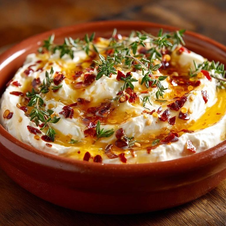 Cremiger Feta-Dip mit Honig, Chili & Thymian in Nahaufnahme: Ein rustikaler Dip mit cremiger Textur, garniert mit frischem Thymian und Chiliflocken.