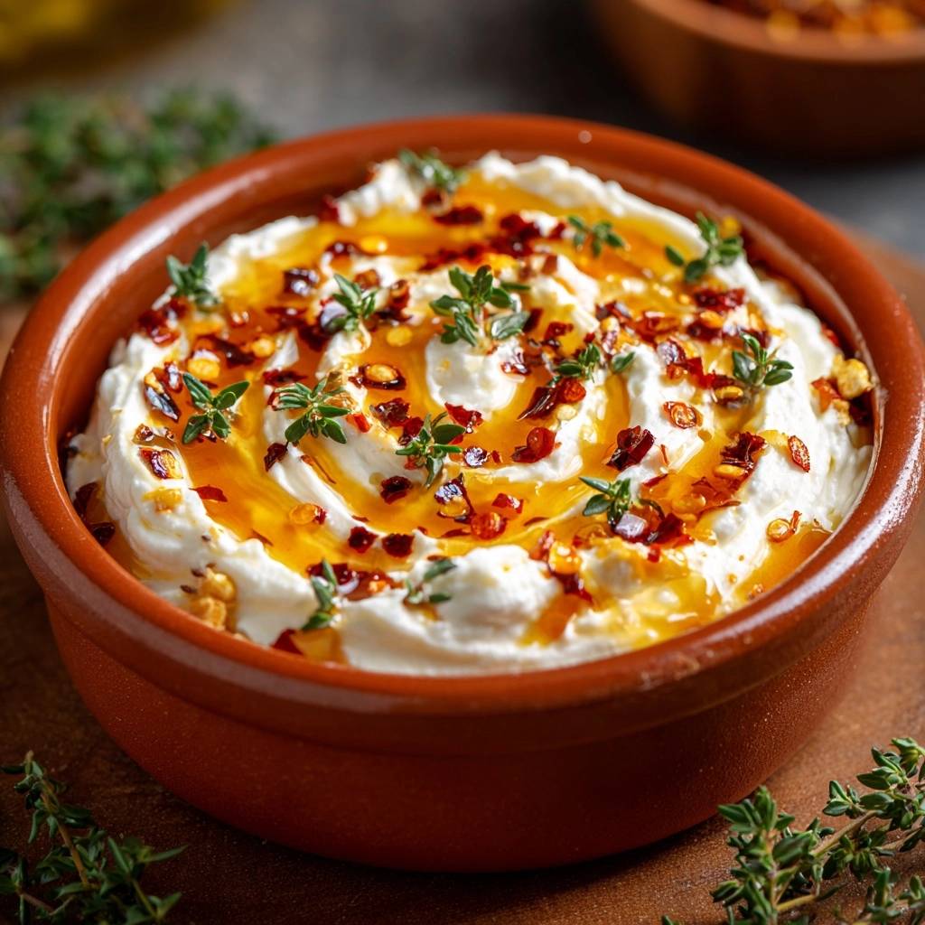 Cremiger Feta Dip Mit Honig Draufsicht 1 Cremiger Feta-Dip mit Honig, Chili & Thymian in einer rustikalen Schale, von oben betrachtet und mit frischen Kräutern garniert.