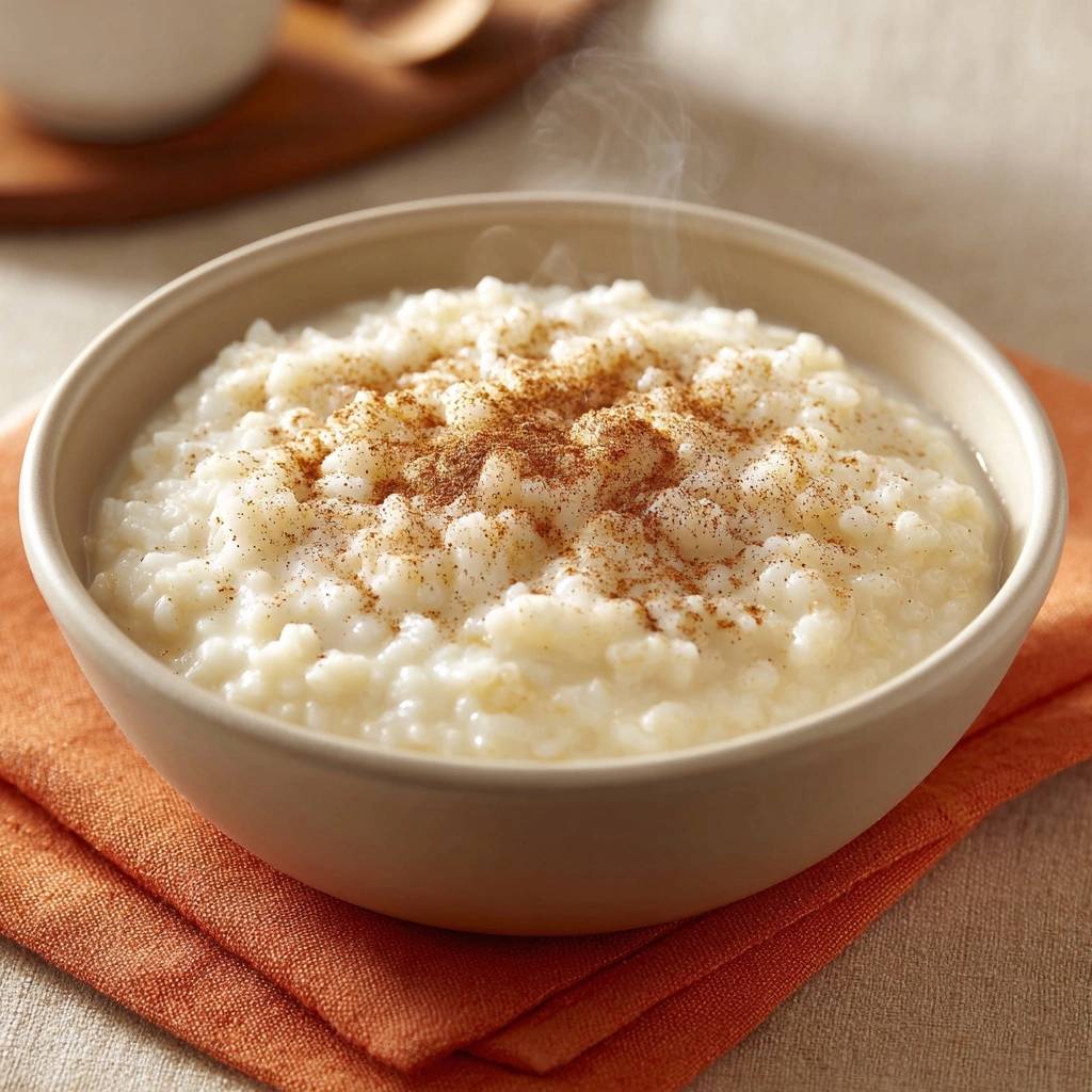 Cremiger Milchreis Mit Zimt Nahaufnahme 1 Cremiger Milchreis mit Zimt in einer Schüssel aus nächster Nähe, bedeckt mit frisch gemahlenem Zimt, der noch leicht dampft.