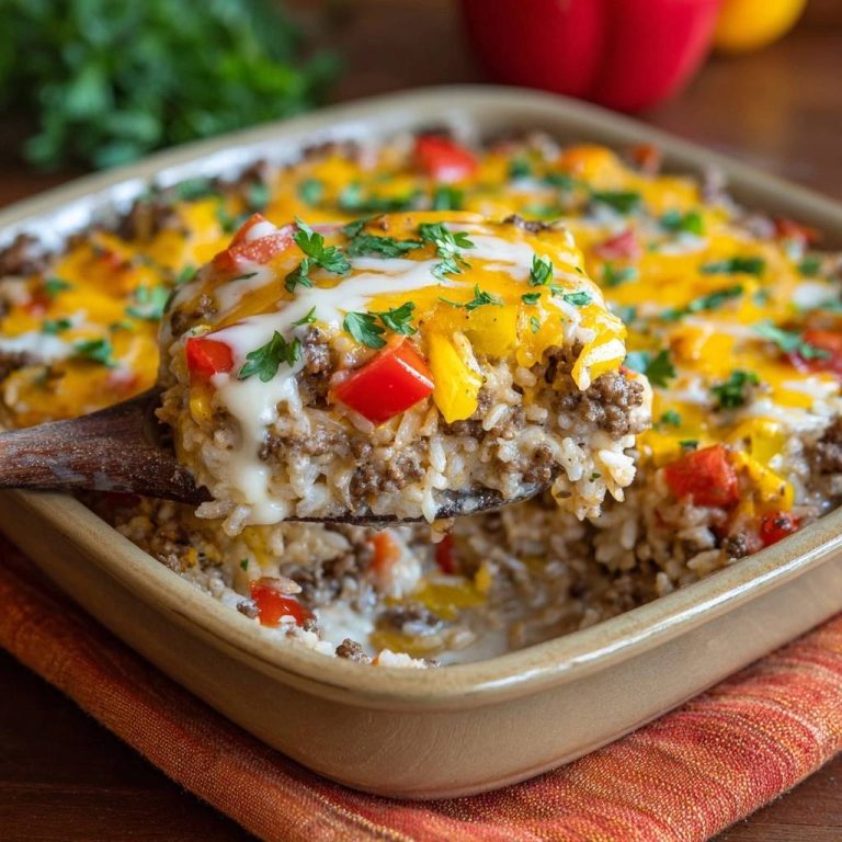 Cremiger Rinderhack-Paprika-Reis-Auflauf, serviert auf einem Holzlöffel, zeigt die cremige Textur mit Käse und Paprika.