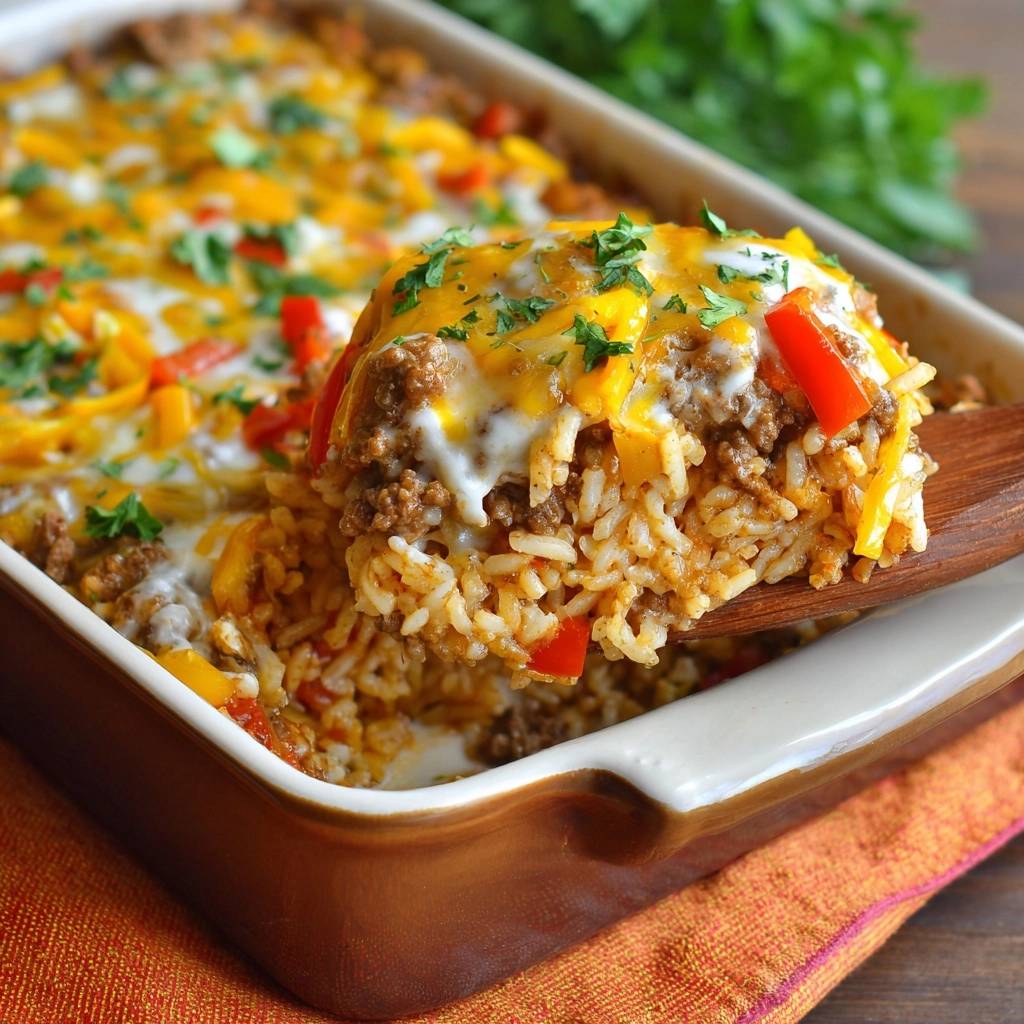 Cremiger Rinderhack-Paprika-Reis-Auflauf wird serviert, eine großzügige Portion auf einem Holzservierlöffel. Der Auflauf ist mit Käse überbacken und mit frischer Petersilie garniert.