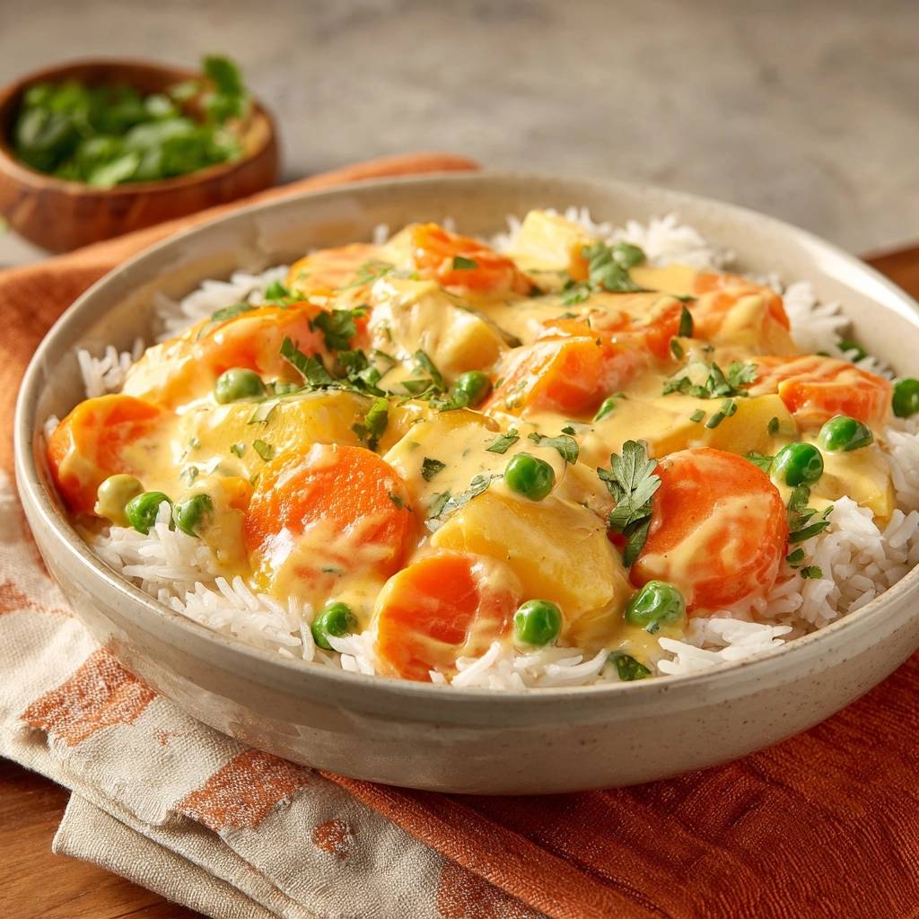 Cremiges Ananas-Garnelen-Curry auf Reis in einer Schüssel, serviert mit frischen Erbsen und einer cremigen Sauce, garniert mit Kräutern.