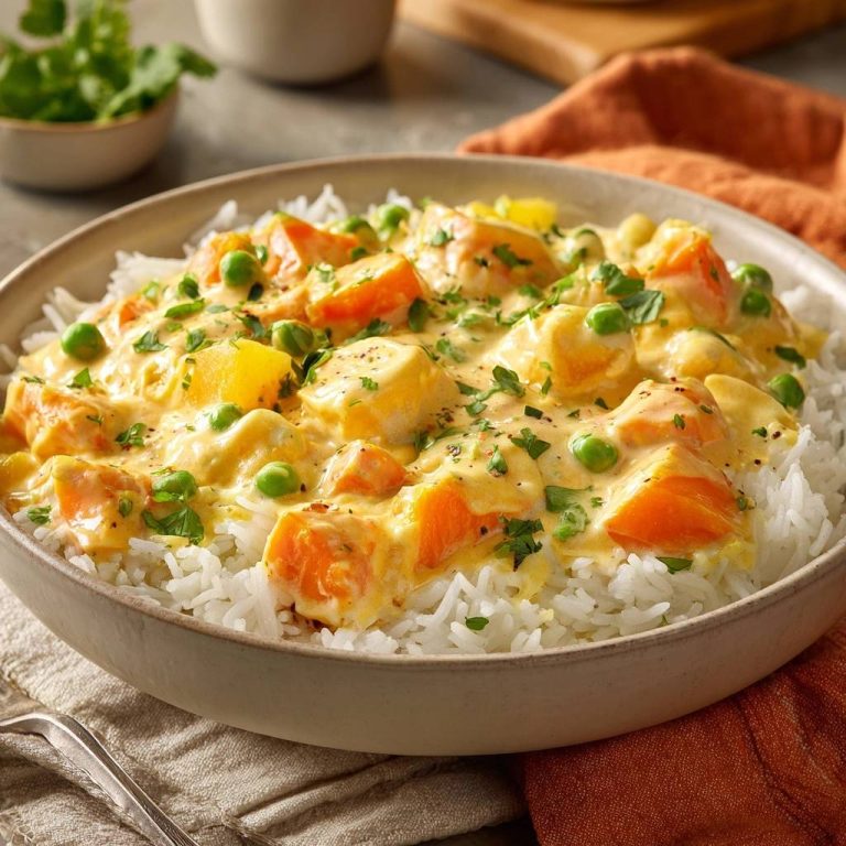 Cremiges Ananas-Garnelen-Curry auf Reis serviert in einer Schüssel, garniert mit frischer Petersilie und Erbsen, bereit zum Genießen.