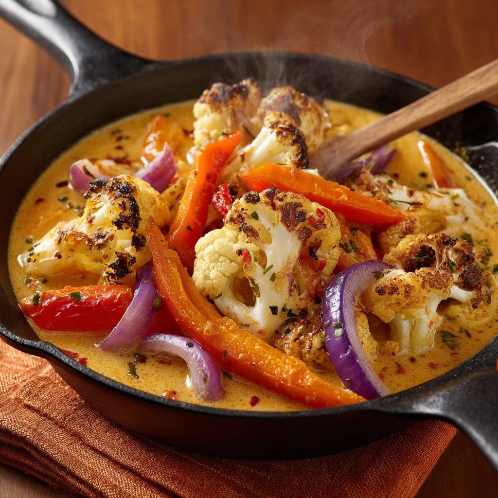Cremiges Blumenkohl Curry Aus Der Pfanne Nahaufnahme 1 Cremiges Blumenkohl-Curry aus der Pfanne in einer gusseisernen Pfanne, mit gedünstetem Gemüse und dampfendem Curry. Ein köstliches vegetarisches Gericht.