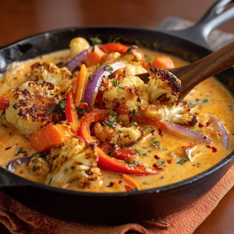Cremiges Blumenkohl-Curry aus der Pfanne in Nahaufnahme: Die cremige Sauce umhüllt die gerösteten Blumenkohlröschen und das Gemüse.