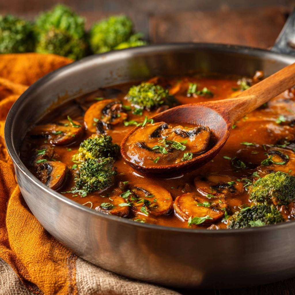 Cremiges Brokkoli-Champignon-Curry, das auf einem Holzlöffel serviert wird, zeigt die cremige Konsistenz und die frischen Zutaten.