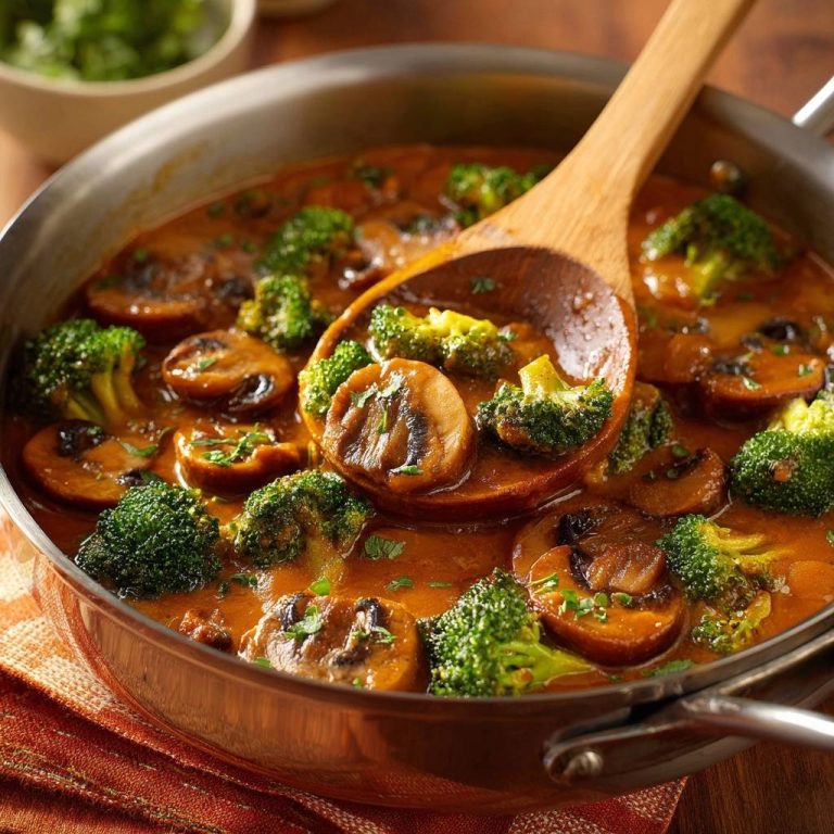 Cremiges Brokkoli-Champignon-Curry in einer Pfanne, Nahaufnahme mit einem Löffel voll Gemüse. Köstliches, sämiges Curry mit Brokkoli und Champignons.