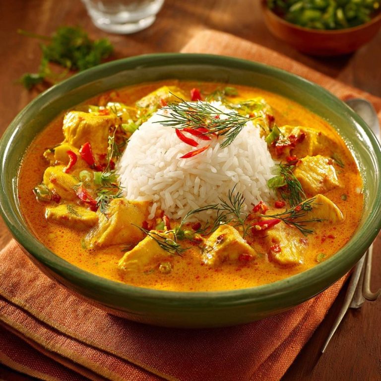 Cremiges gelbes Hähnchen-Curry serviert in einer grünen Schüssel, garniert mit frischen Kräutern, Chilischoten und perfekt geformtem Reis.