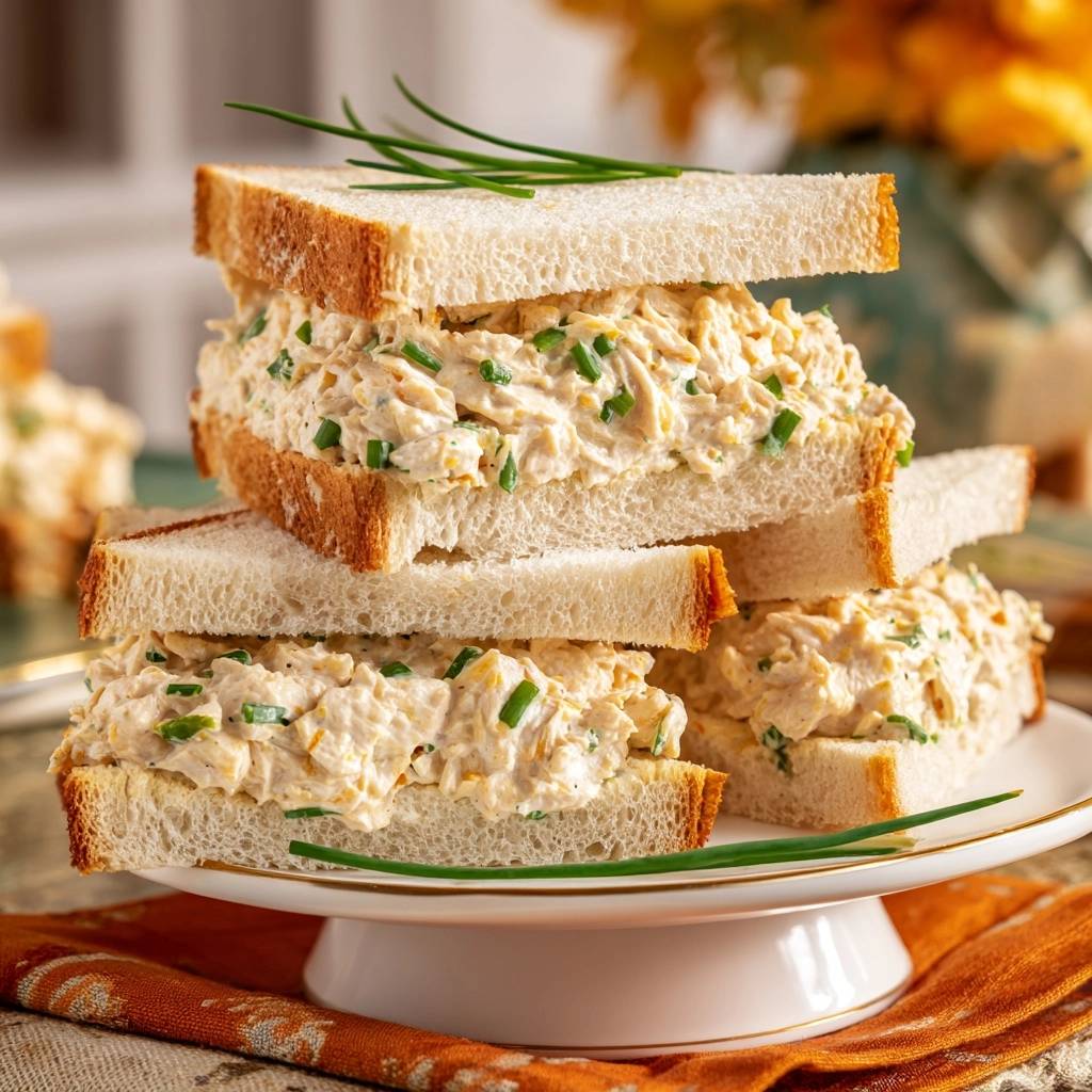Cremiges Hähnchen-Salat-Sandwich in Nahaufnahme gestapelt, mit frischen Schnittlauch-Garnierungen auf einem Tortenständer präsentiert.