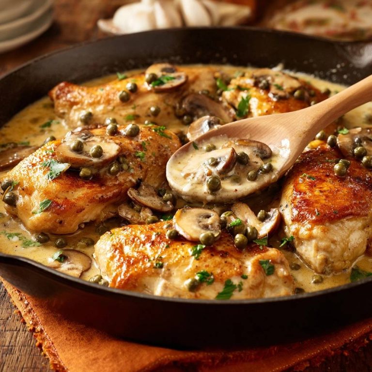 Cremiges Hähnchen mit Pilzen und Kapern in einer Pfanne, mit einem Holzlöffel, der die cremige Sauce und Pilze zeigt.