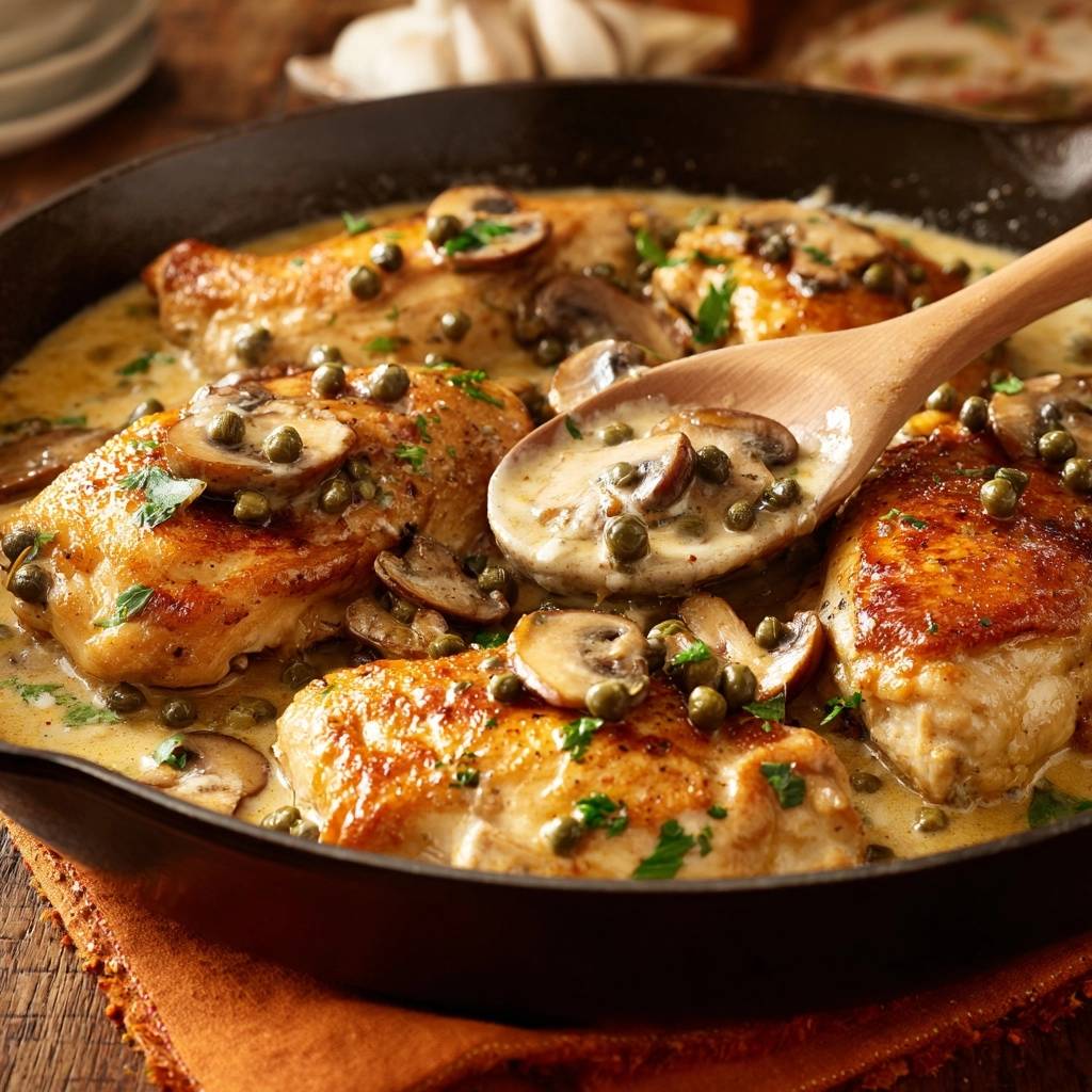 Cremiges Hähnchen mit Pilzen und Kapern in einer Pfanne, mit einem Holzlöffel, der die cremige Sauce und Pilze zeigt.