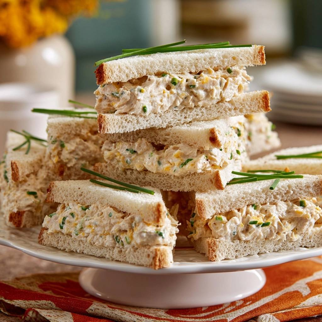 Cremiges Hähnchen-Salat-Sandwich in einer Nahaufnahme gestapelt, garniert mit frischen Schnittlauchhalmen, serviert auf einer Tortenplatte.