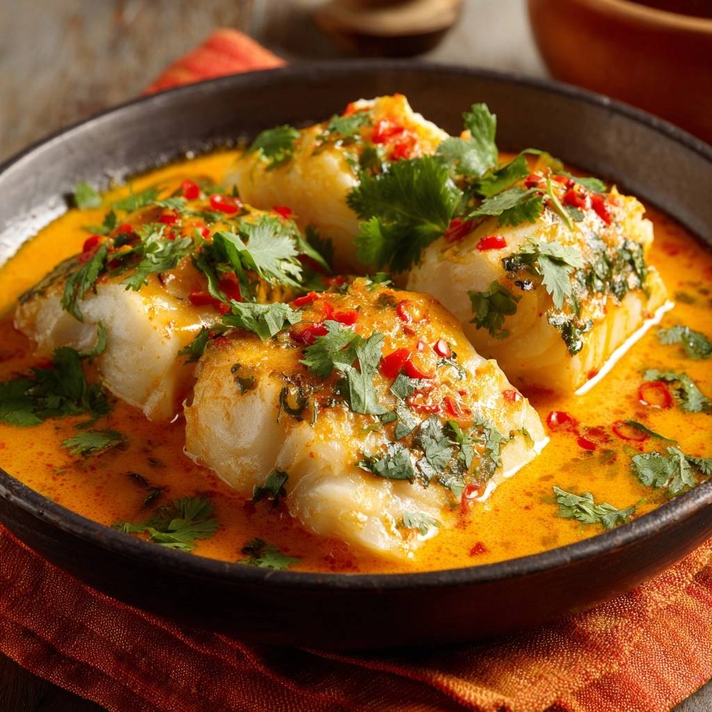 Cremiges Kabeljau-Curry in einer Schüssel serviert, mit frischen Kräutern und roten Chiliflocken garniert. Der saftige Fisch schwimmt in einer cremigen Sauce.