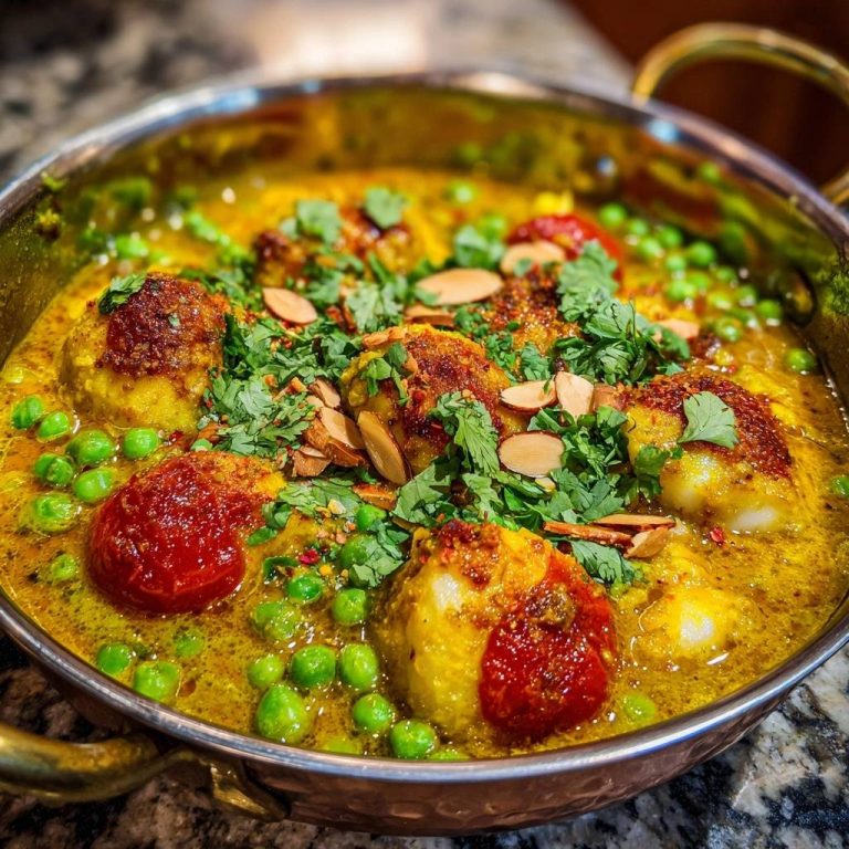Cremiges Kartoffel-Erbsen-Curry mit Röstkartoffeln, serviert in einer metallenen Servierpfanne, garniert mit frischen Kräutern und Mandelsplittern.