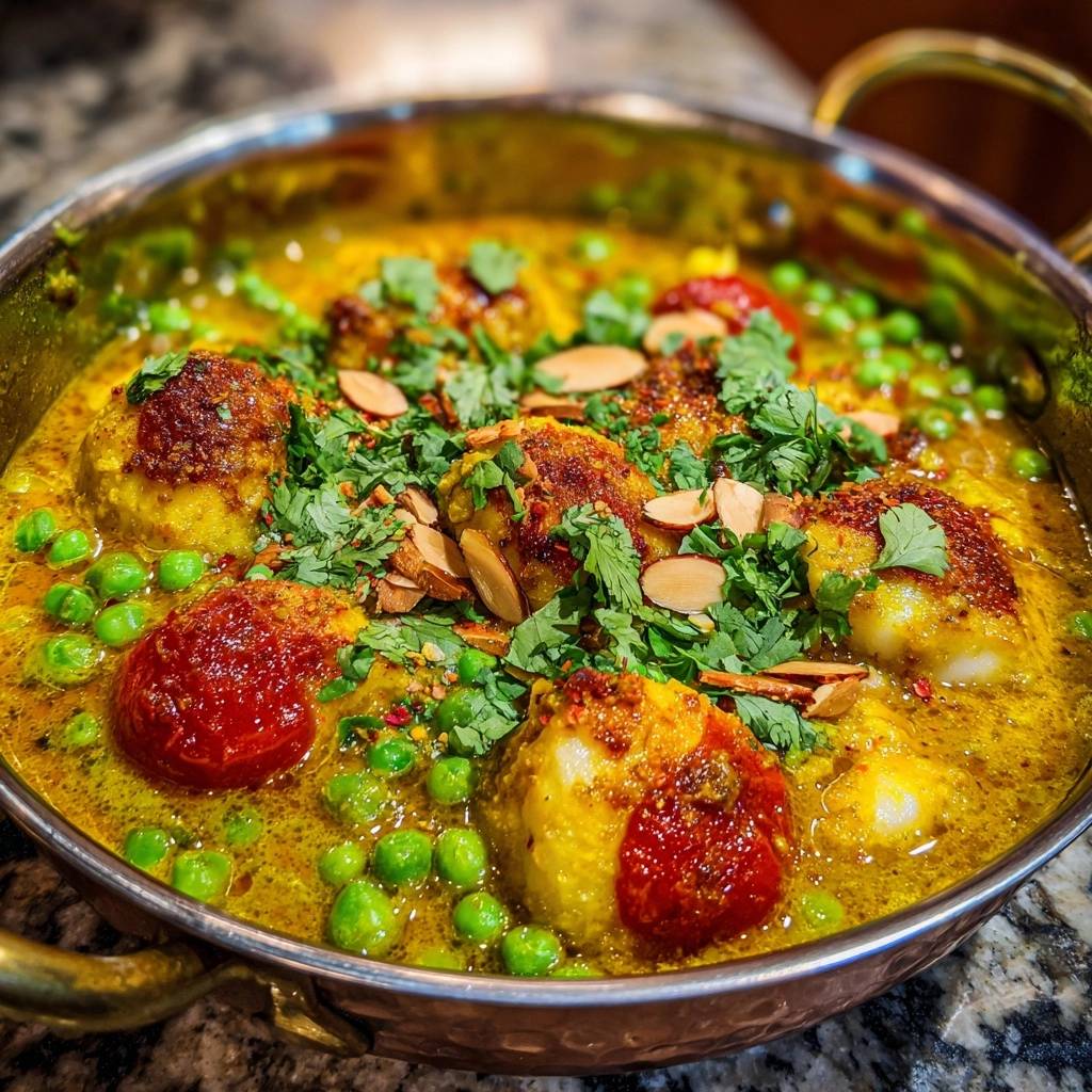 Cremiges Kartoffel-Erbsen-Curry mit Röstkartoffeln, serviert in einer metallenen Servierpfanne, garniert mit frischen Kräutern und Mandelsplittern.