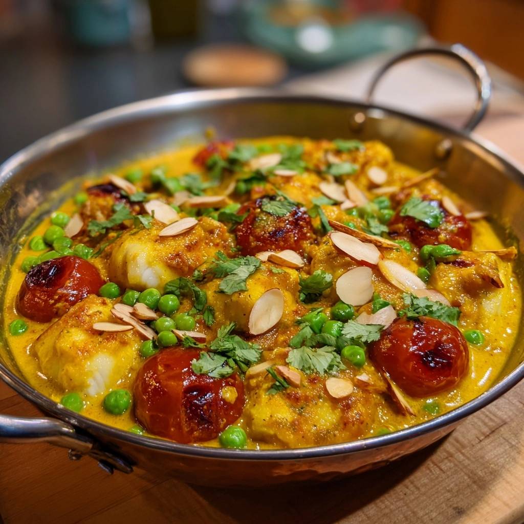 Cremiges Kartoffel-Erbsen-Curry mit Röstkartoffeln in Nahaufnahme, garniert mit Mandelsplittern und frischer Petersilie in einer Metallschale.