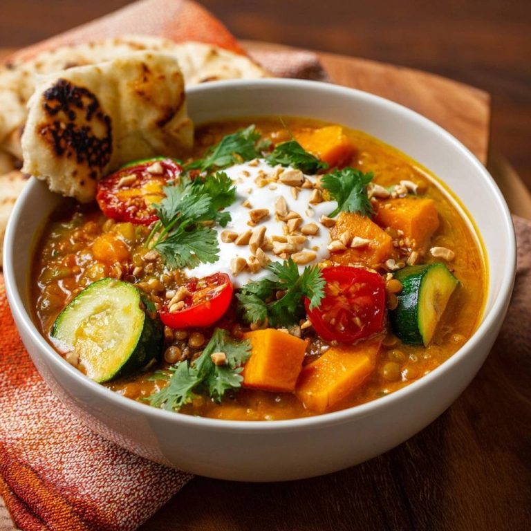 Cremiges Linsen-Curry mit Süßkartoffeln serviert in einer Schüssel mit frischem Koriander, Tomaten und Joghurt, dazu Naan-Brot.
