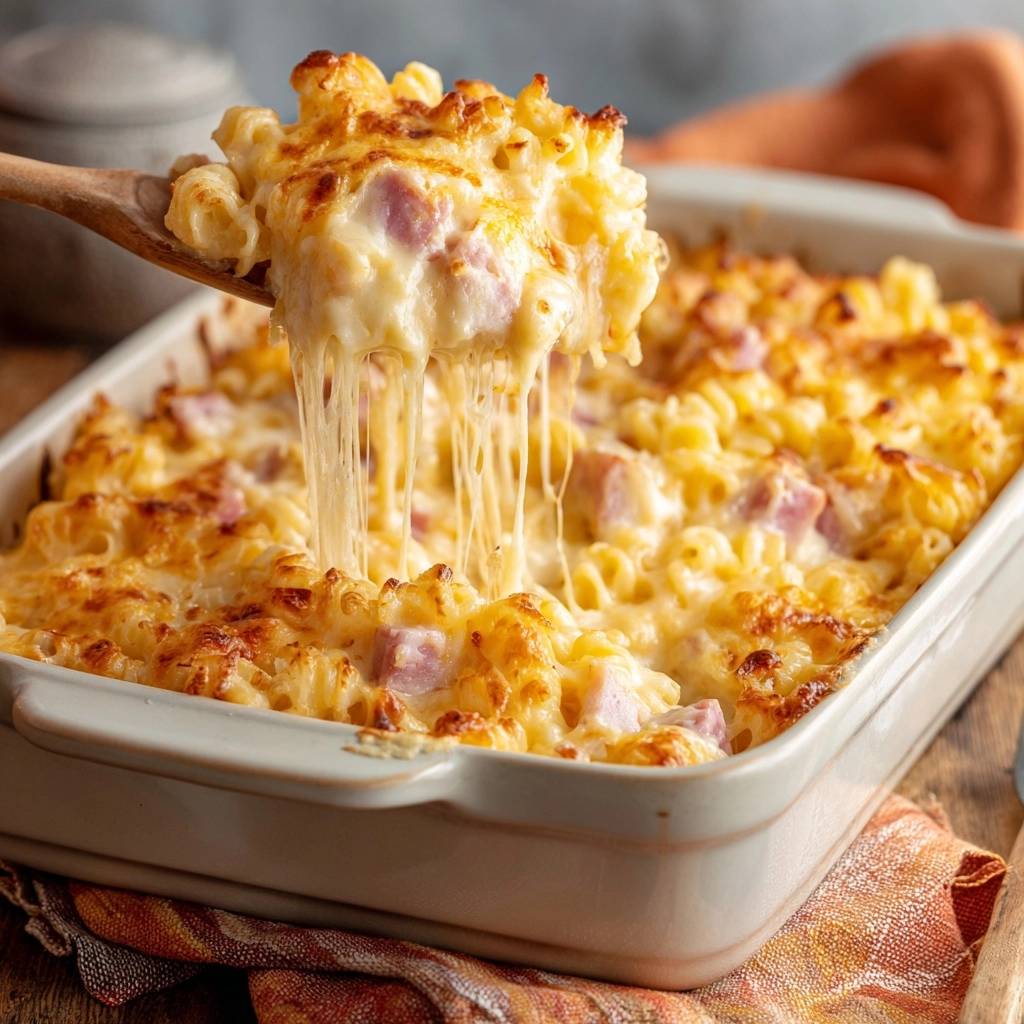 Cremiges Mac And Cheese Mit Schinken Kaesefaden Nahaufnahme 1 Cremiges Mac and Cheese mit Schinken, eine Nahaufnahme mit geschmolzenem Käse, der sich beim Herausheben aus der Auflaufform zieht.