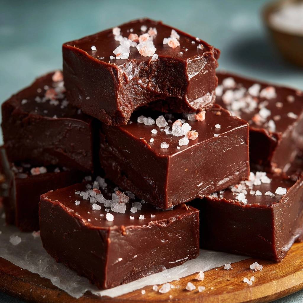 Cremiges Meersalz-Schokoladen-Fudge, das perfekte Rezept, präsentiert mit einem Stück, das angeschnitten ist, um die cremige Textur zu zeigen.