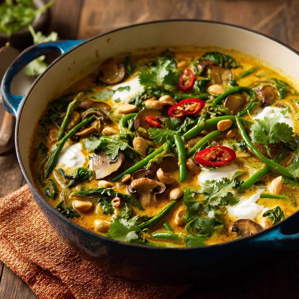 Cremiges Pilz-Gemüse-Curry in einer blauen Pfanne, garniert mit frischem Koriander, Erdnüssen und Chili, serviert von oben.