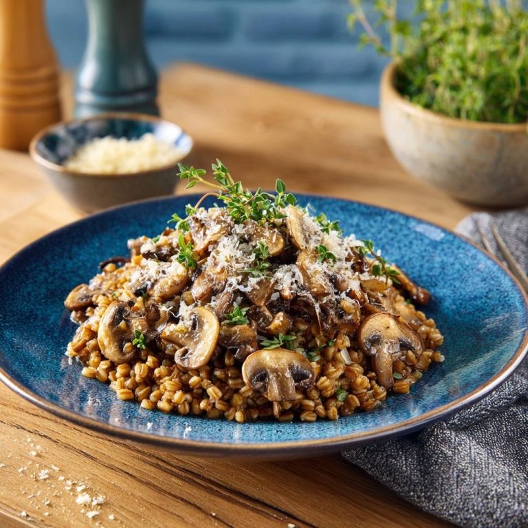 Cremiges Pilz-Gerstenrisotto, serviert auf einem blauen Teller, garniert mit frischem Thymian und geriebenem Käse, angerichtet auf einem Holztisch.